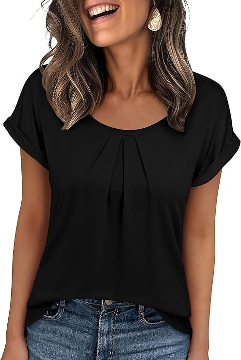 ANRABESS Womens T Shirts Pleated Short Sleeve Tops Summer Business Casual Dressy Blouses 2026 Cut... | Amazon (US)