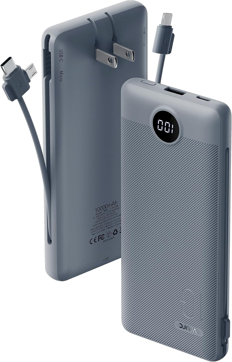VRURC Portable Charger Built-in Cables and AC Wall Plug, USB C Power Bank 10000mAh, Travel Battery Portable Phone Charger Compact Lightweight External Battery Pack for Smart Phones, Tablets etc-Grey | Amazon (US)