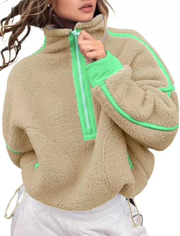 Women's Fleece Sweatshirts Half Zip Pullover Long Sleeve Oversized Workout Crop Tops Hoodie With ... | Amazon (US)