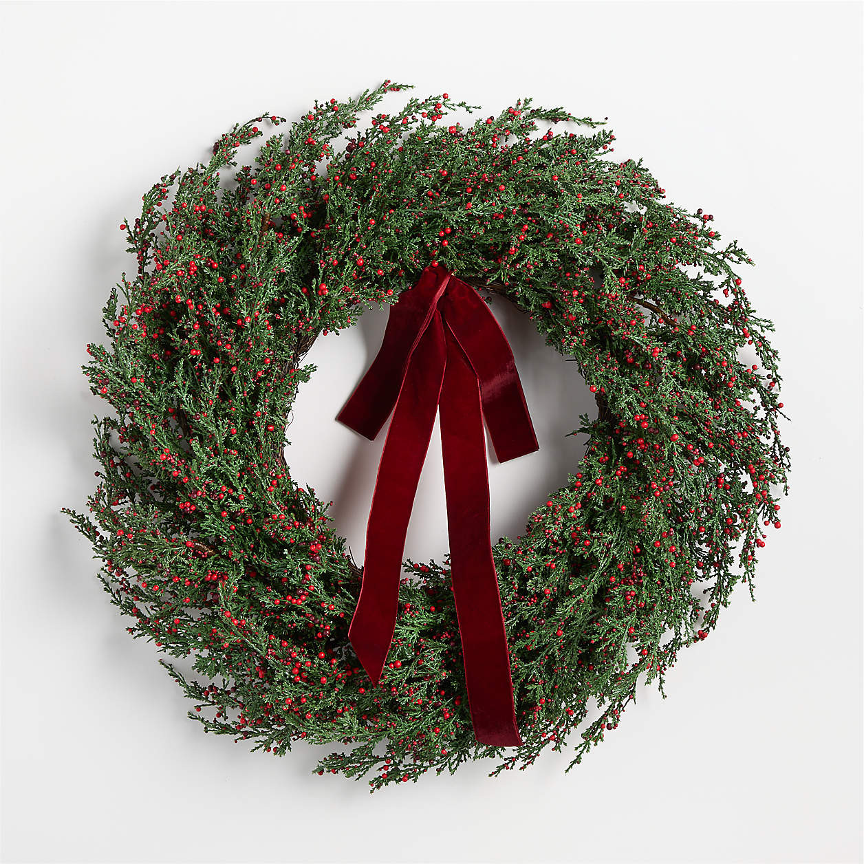 Faux Cypress and Red Berry Holiday Wreath 30" | Crate & Barrel | Crate & Barrel