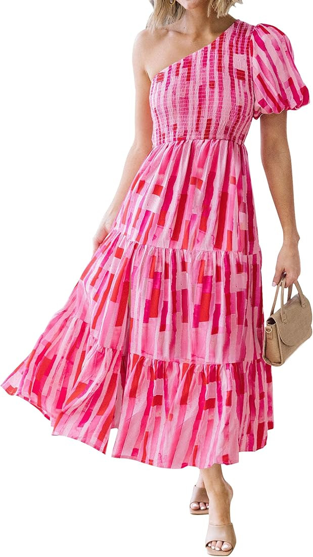 ZESICA Women's 2023 Boho Summer One Shoulder Short Sleeve Smocked Side Split Ruffle Swing Midi Dr... | Amazon (US)