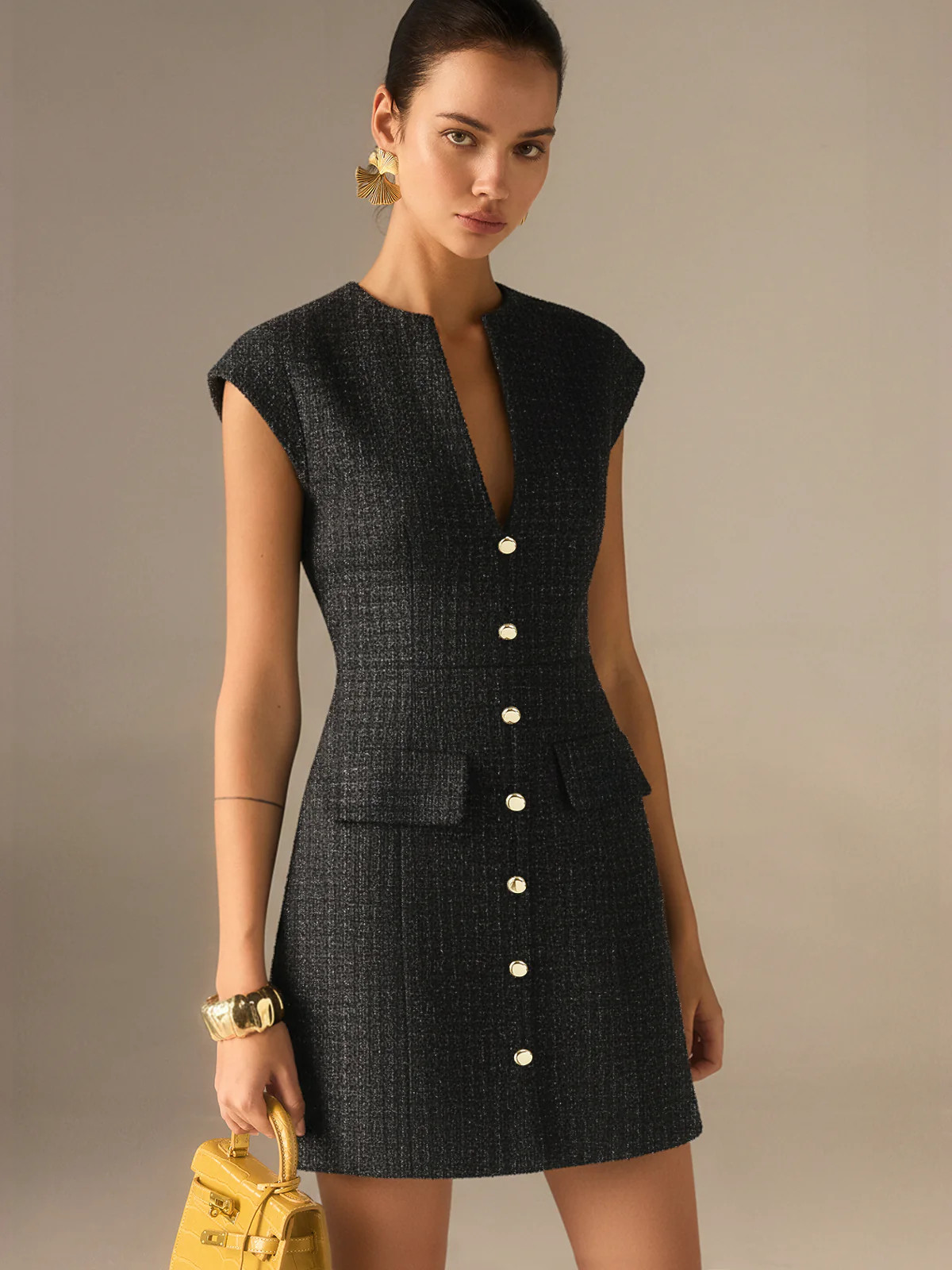 Metal Button Tweed Sleeveless Mini Dress | Commense