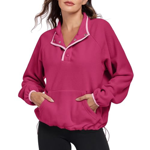 HOUZONIY Rose Red Womens Button Pullover Fleece Jacket Long Sleeve V Neck Warm Fuzzy Sweatshirt Coat with Pockets | Amazon (US)