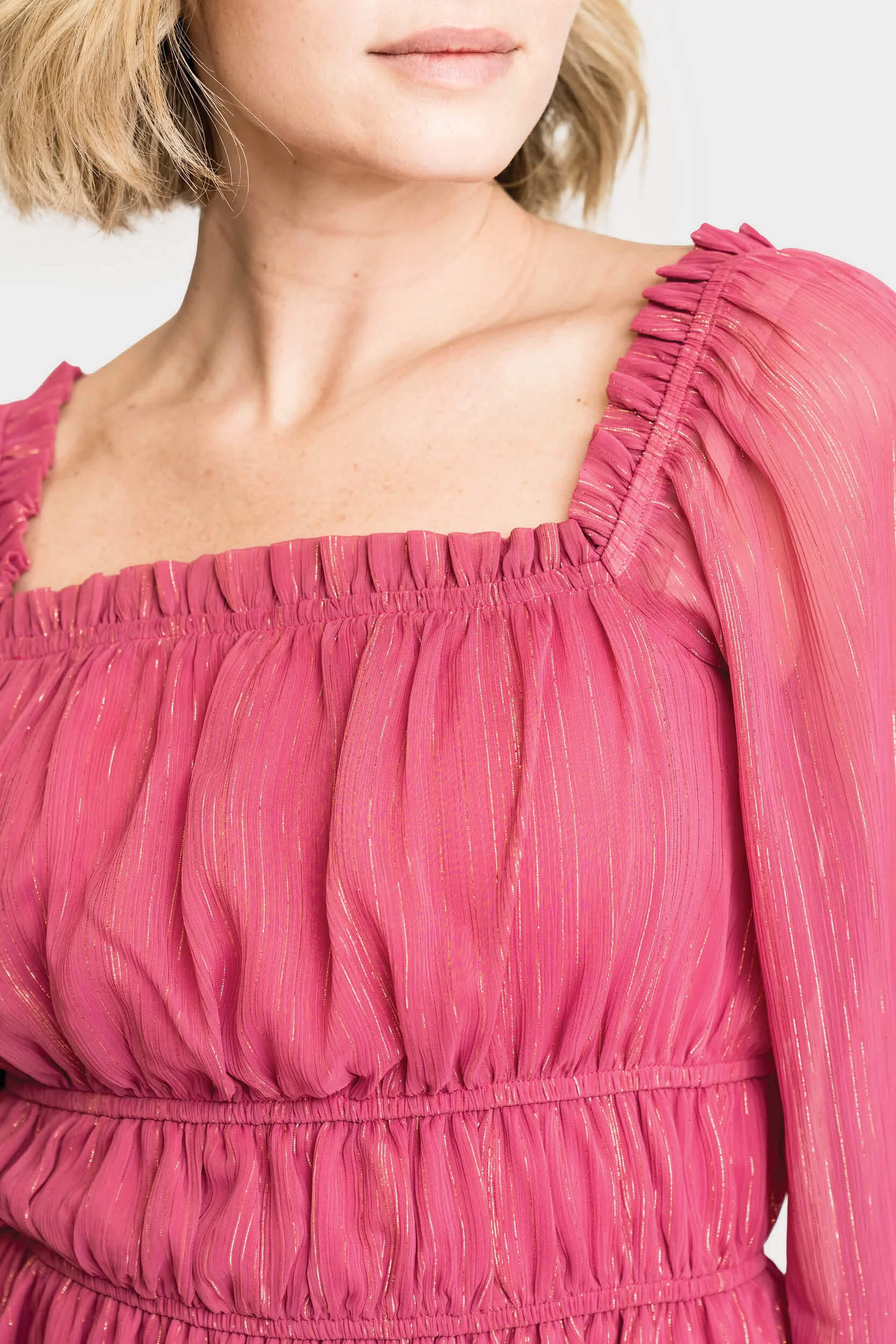 Square Neck Smocked Waist Long Sleeve Blouse | Gibson