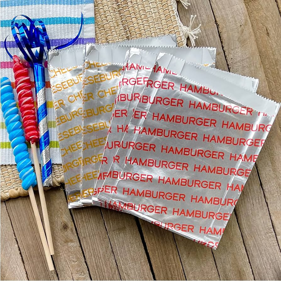 Outside the Box Papers Printed Foil Hamburger, Cheeseburger and Hot Dog Sacks 24 Each of Hamburge... | Amazon (US)