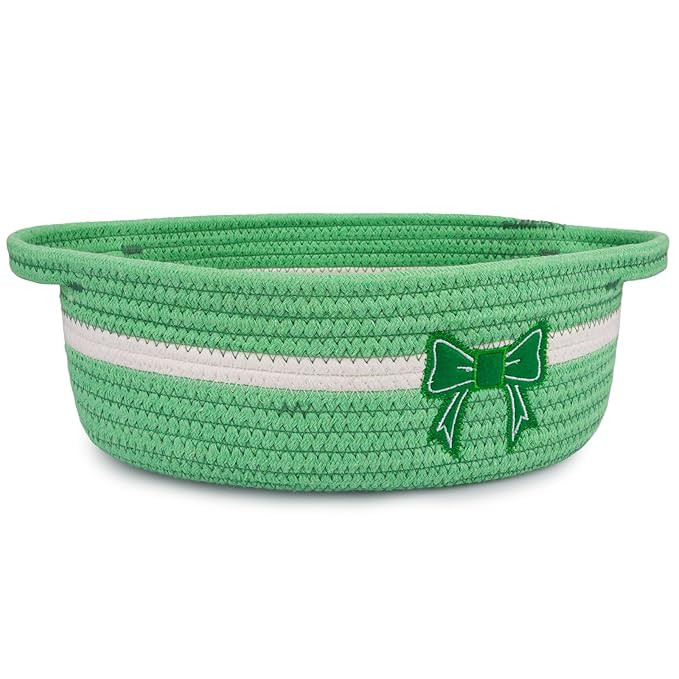 Bow Basket for Nursery- Small Woven Green Gift Basket with Embroidered Bow, Empty Rope Cotton Dec... | Amazon (US)