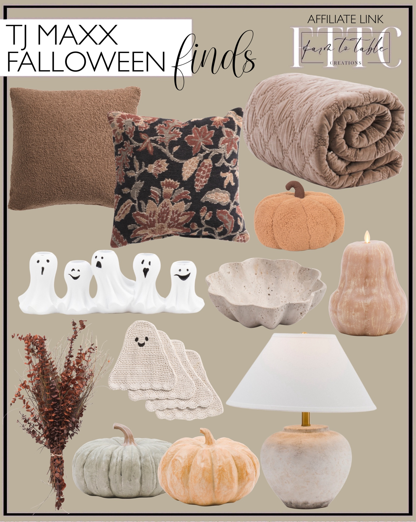 TJ Maxx Fall Finds. Follow @farmtotablecreations on Instagram for more inspiration.

Fall Pillow. Sherpa Pillows. Flameless Pumpkin Candle. Faux Heirloom Pumpkin. Preserved Eucalyptus. Ghost Candle Holder. Velvet quilt. Ghost Placemats. 

Fall Decor. Halloween Decor. Fall Stems. Seasonal Decor. Coffee Table Decor. Fall Bedding. 

#LTKSeasonal #LTKHome #LTKFindsUnder50