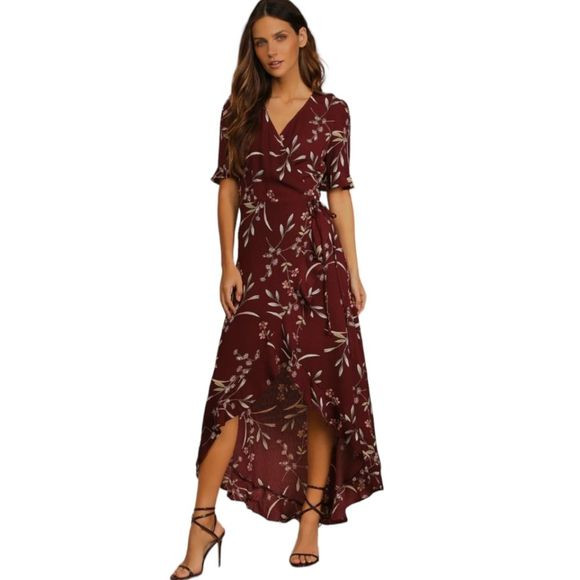 Lulu's Wild Winds Burgundy Floral Print High-Low Wrap Dress Women's Size S | Poshmark