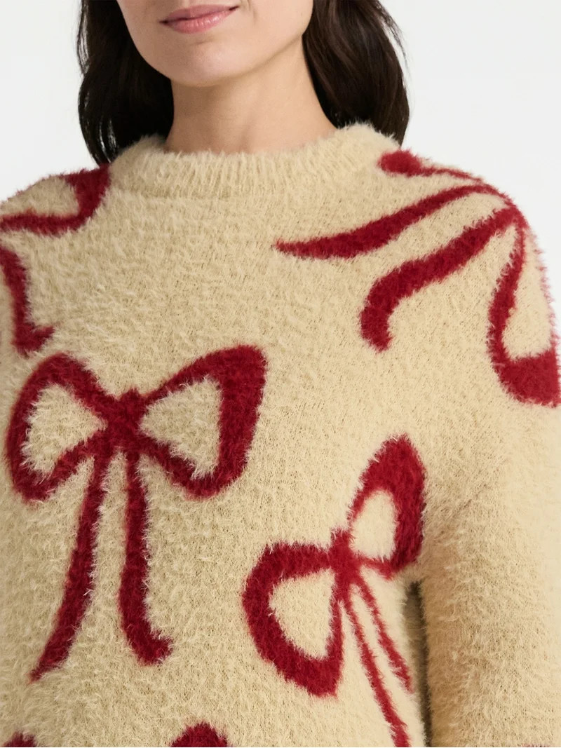 99 Jane Street Women's and Women's Plus Bow Print Pullover Sweater, Midweight, Sizes XS-4X | Walmart (US)