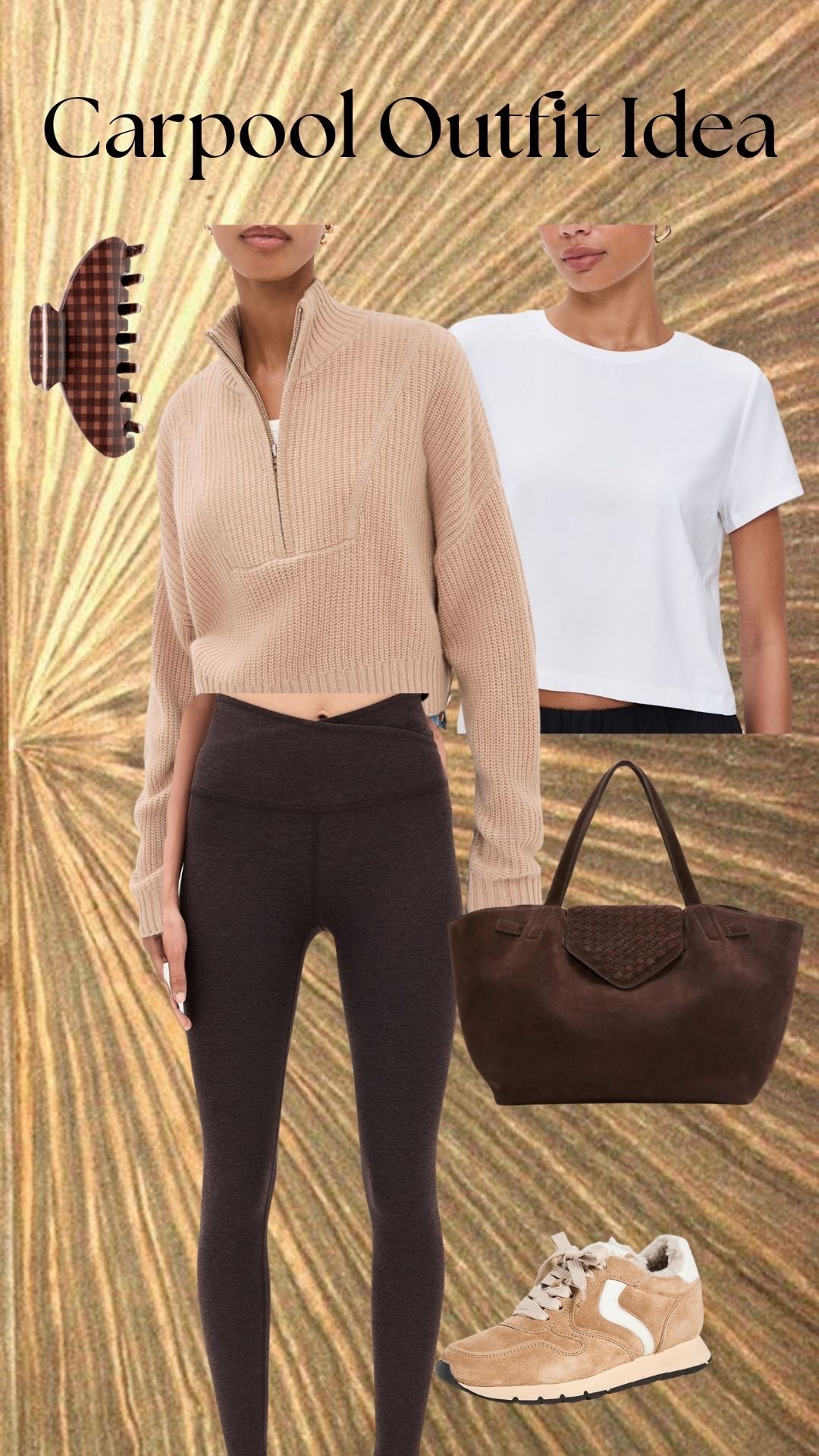 Carpool Outfit Idea
Beyond Yoga leggings, Beyond Yoga tee, Tan sneakers, Staud pullover, Suede Tote, Emi Jay claw clip!

#LTKStyleTip #LTKShoeCrush #LTKActive