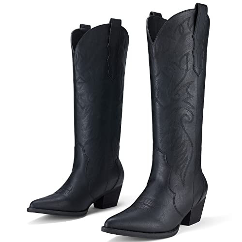 Rollda Cowboy Boots for Women Cowgirl Boots Embroidered Knee-High Western Boots Pointy Toe with Chunky Heel Black Size 8.5 | Amazon (US)