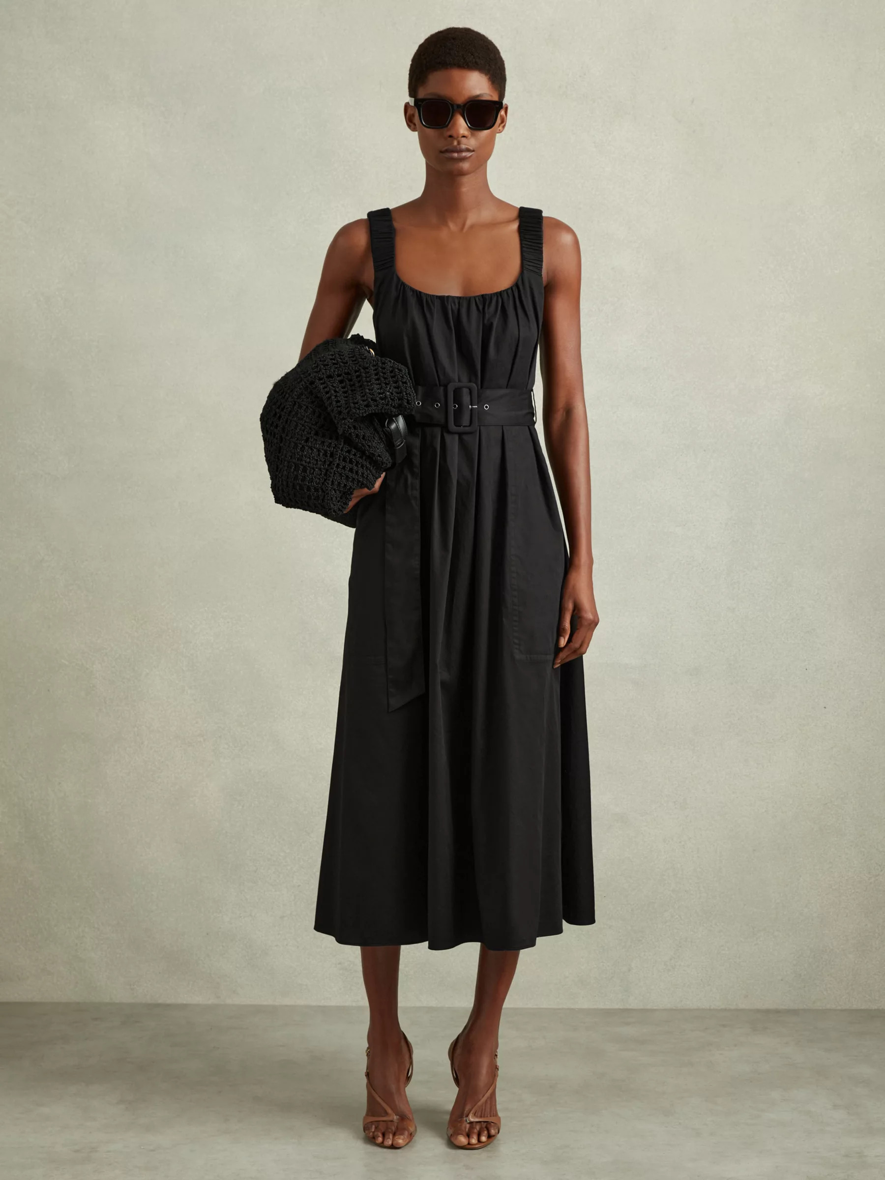 Reiss Liza Ruched Strap Cotton Midi Dress | John Lewis (UK)
