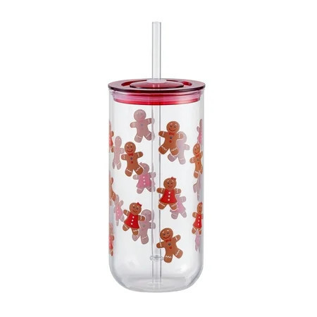 Gingerbread Man Can Sipper Glass with Lid 20 OZ Holiday Time | Walmart (US)
