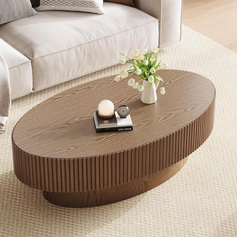 Gelloan 43.7" Olive Shape Wood Coffee Table, Modern Fluted Coffee Table for Living Room, Veneer H... | Walmart (US)