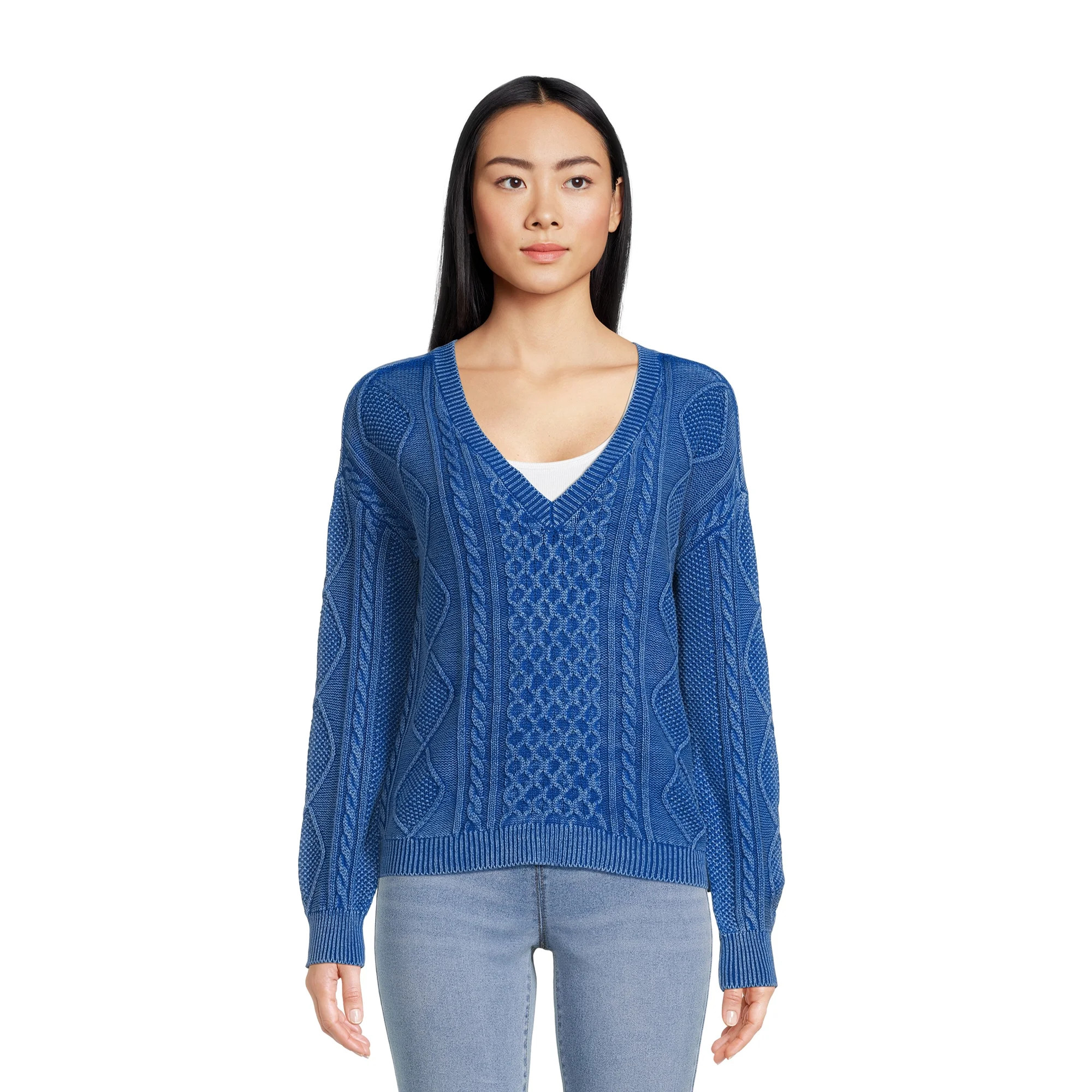 No Boundaries Juniors Washed Cable Knit V-Neck Top | Walmart (US)