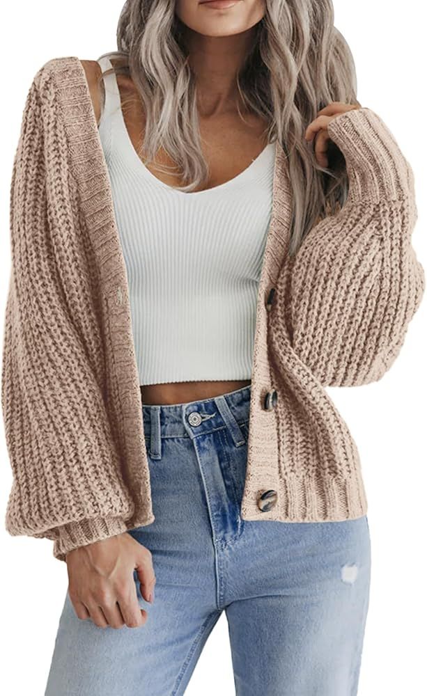 Zeagoo Women's 2024 Fall Chunky Knit Cardigans Open Front Long Sleeve V Neck Button Loose Cardiga... | Amazon (US)