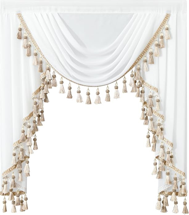 VOGOL Luxury Sheer Waterfall Valance for Windows, 39 Inches Wide White Swag Curtains for Wedding ... | Amazon (US)
