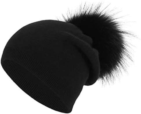 Women's Real Fur Pom Pom Cashmere Wool Blend Winter Slouchy Knit Beanie Hat with Real Pom Pom Bea... | Amazon (US)