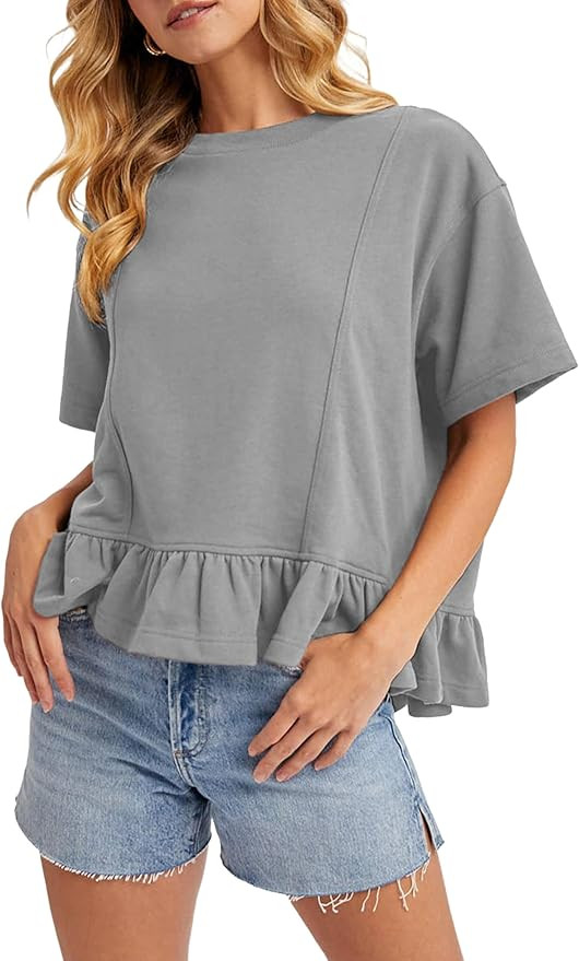Women Summer Short Sleeve T-Shirts Ruffled Peplum Hem Knit Tee Crew Neck Badydoll Pleated Tops | Amazon (US)