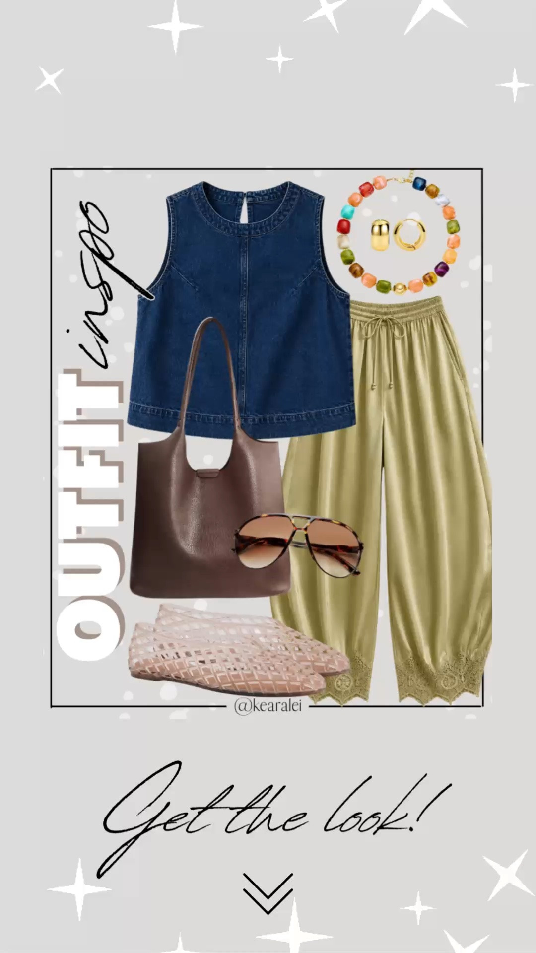 Fall outfits women summer to fall outfit transition back to school teacher outfits date night outfits beach vacation outfits Amazon fashion denim dark wash sleeveless top tank top swing top shirt blouse jean vest with trendy light olive green yellow green satin wide leg pants barrel pants with lace edge lace trim Women's Cropped Lace-Hem Pants High Waisted Drawstring Wide Leg Pants Casual Lightweight Trousers with Pockets lightweight drawstring stretchy pants with tan nude mocha lattice slip on jelly shoes flats for women chocolate brown leather handbag tote purse bag crossbody carryall shoulder bag chunky colorful beaded necklace and gold jewelry || teacher outfit teaching back to school looks business casual outfits cool mom outfit free people Anthropologie inspired affordable look for less #boho #cute #fall #summer #teacher #mom #Amazon #casual #teaching #freepeople #Anthropologie
.
.
.
Amazon fashion, teacher outfits, business casual, casual outfits, neutrals, street style, Midi skirt, Maxi Dress, Swimsuit, Bikini, Travel, skinny Jeans, Puffer Jackets, Concert Outfits, Cocktail Dresses, Sweater dress, Sweaters, cardigans Fleece Pullovers, hoodies, button-downs, Oversized Sweatshirts, Jeans, High Waisted Leggings, dresses, joggers, fall Fashion, winter fashion, leather jacket, Sherpa jackets, Deals, shacket, Plaid Shirt Jackets, lounge set, Date Night Outfits, Vacation outfits, Mom jeans, shorts, sunglasses,  Romper, jumpsuit, Airport outfits, biker shorts, Weekender bag, plus size fashion, Stanley cup tumbler, Work blazers, Work Wear, workwear

boots booties tall over the knee, ankle boots, Chelsea boots, combat boots, pointed toe, chunky sole, heel, high heels, sneakers, slip on shoes, adidas, vans, dr. marten’s, ugg slippers, sandals, high heels, loafers, Birkenstock Birkenstocks, Steve Madden, Target, Abercrombie and fitch, Shein, Nordstrom, H&M, forever 21, forever21, Walmart, asos, Nordstrom rack, Nike, adidas, Vans, Quay, lululemon, j crew jcrew factory, old navy

#LTKootd #LTKSeasonal #LTKSaleAlert