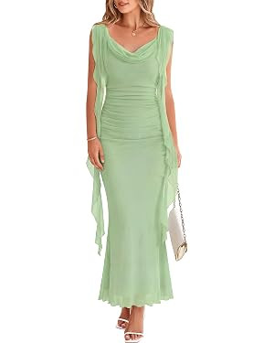 SKAYS Women's Ruffle Cowl Neck Dress Bodycon Sleeveless Maxi Long Summer Wedding Guest Cocktail P... | Amazon (US)