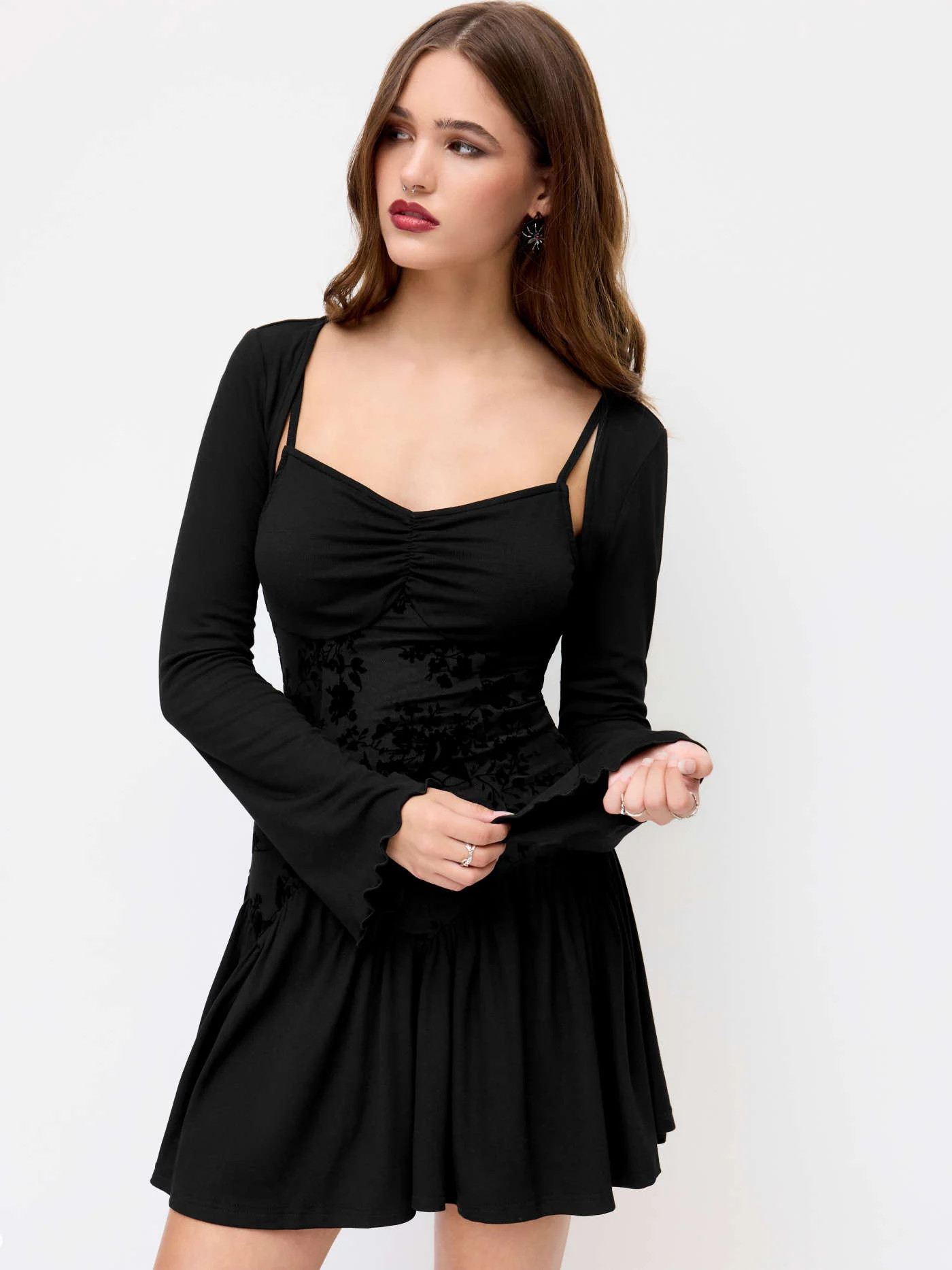 Knit Fabric Square Neck Ruched Ruffle Hem Cami Mini Dress With Shrug For Daily Casual Party/Clubb... | Cider