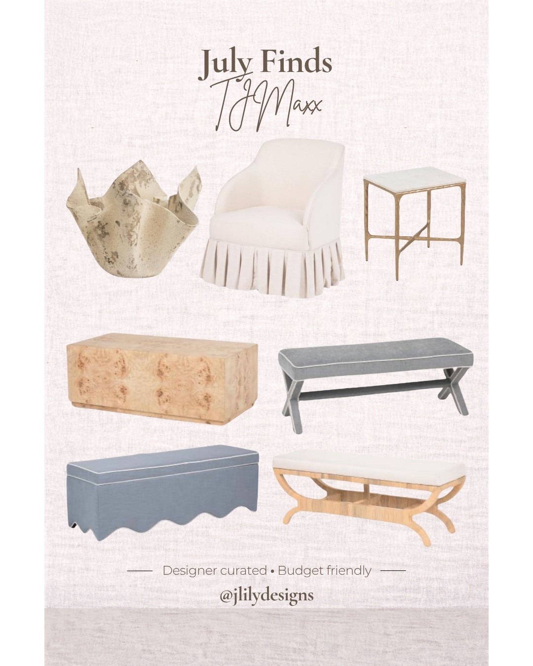 Some beautiful finds right now at tjmaxx. Loving these end of bed benches or entry benches, burl wood coffee table, hammered gold and marble accent table, and beautiful indoor/outdoor planter. And of course, the gorgeous swivel box-pleat chair. 

#designerfinds #tjmaxxhome #homefinds #budgethomedecor

#LTKHome