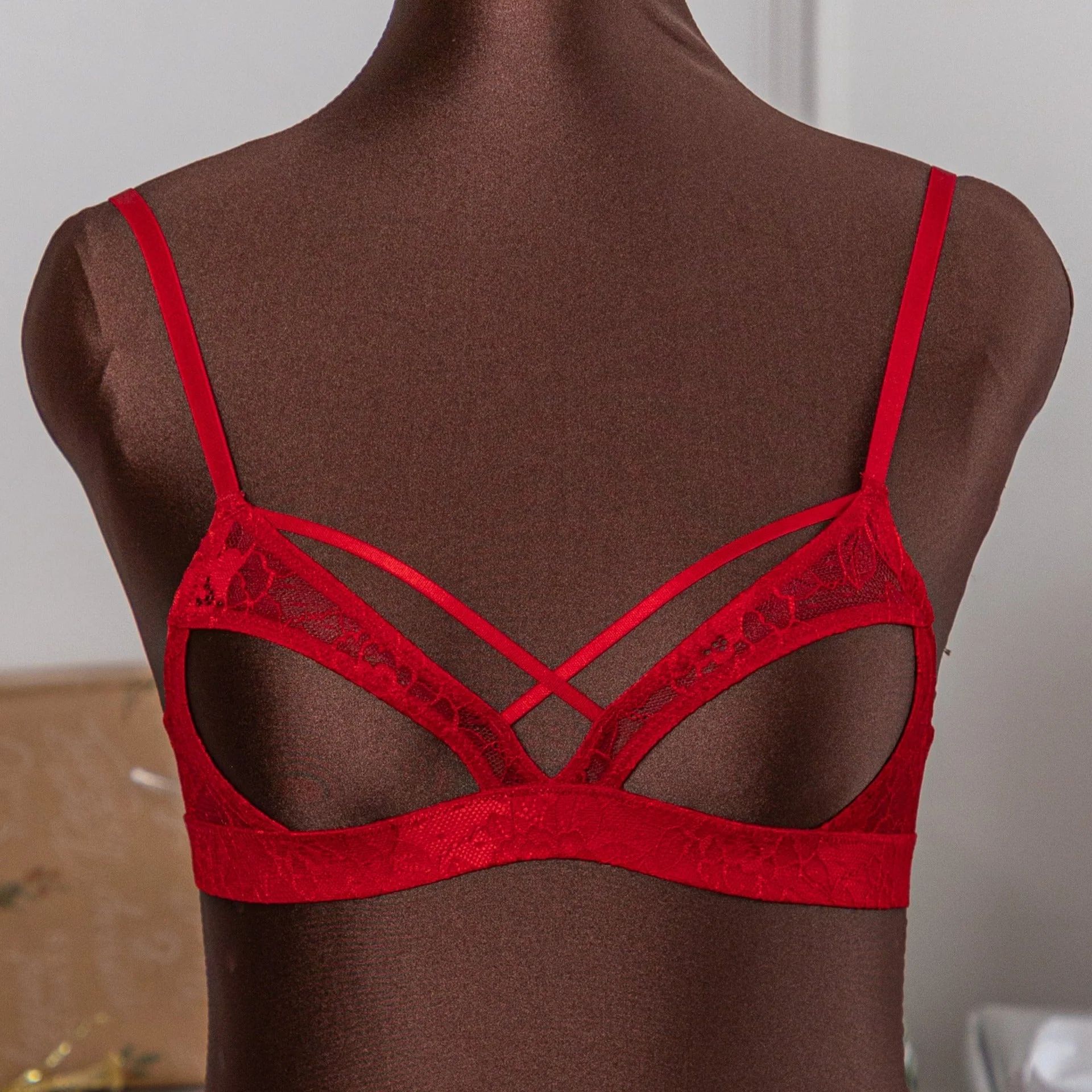 Lacy Caged Cupless Bralette - Red | Mentionables