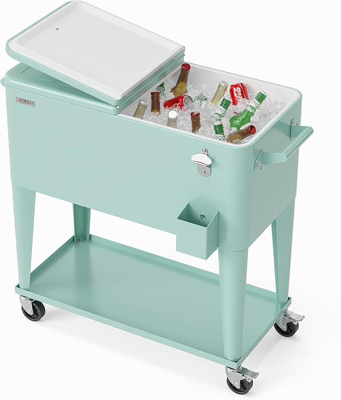 VINGLI 80 Quart Rolling Ice Chest, Portable Patio Party Bar Drink Cooler Cart, with Shelf, Bevera... | Amazon (US)
