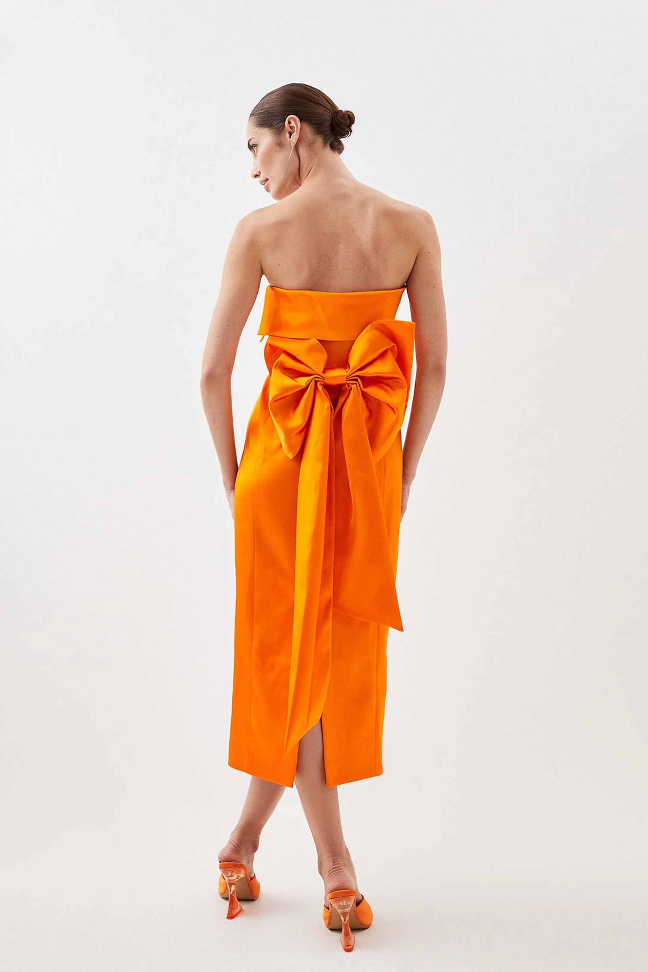Italian Satin Bandeau Structured Bow Detail Midi Dress | Karen Millen US