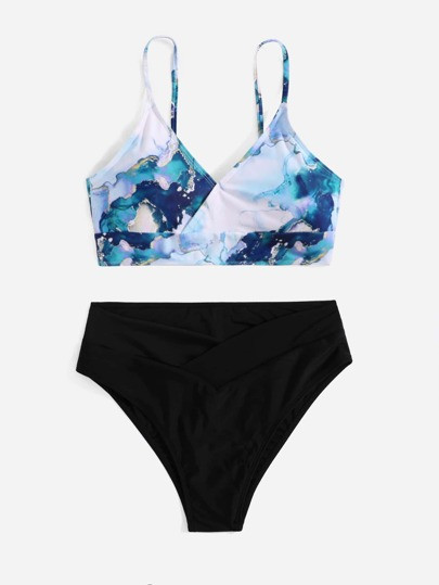 Marble Print High Waisted Bikini Swimsuit | SHEIN