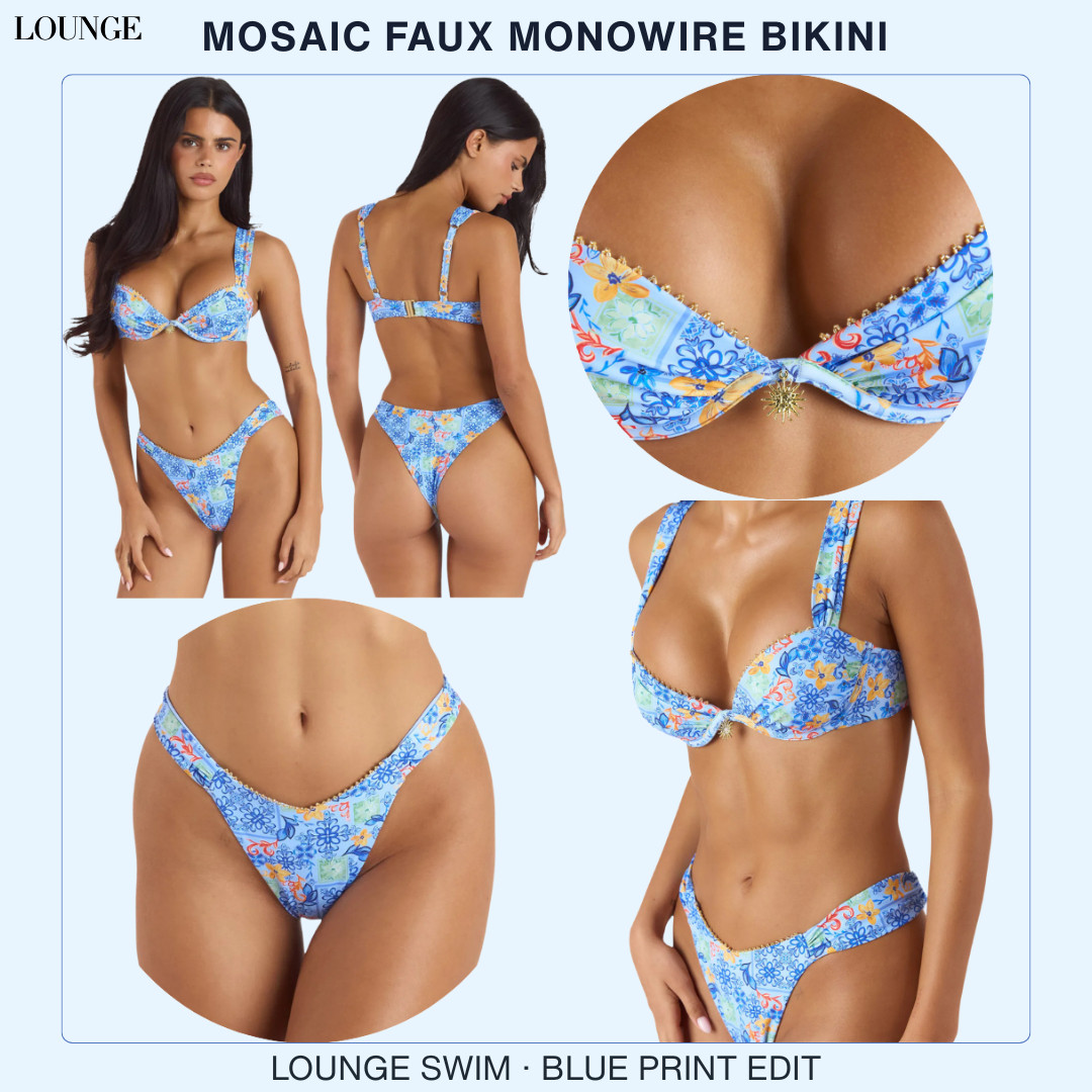 @Lounge Luxury Swim | Blue Mosaic Faux Monowire Bikini

A blue mosaic print bikini that makes vacation swimwear feel bright, feminine, and instantly resort-ready 🌊

This Lounge Mosaic Faux Monowire Bikini is such a good swim find if you want something that feels colorful, flattering, and more elevated than a basic printed bikini.

The blue mosaic print is what makes this set stand out — it gives that fresh Mediterranean vacation energy while still feeling polished enough for resort days, beach clubs, poolside lounging, girls’ trips, tropical getaways, and summer swim plans.

What I love about this bikini is that it feels playful but still luxe!!

The faux monowire top gives that structured, lifted look without feeling overly fussy, while the mosaic print, gold-tone detail, and delicate trim make the whole set feel more intentional and styled.

The bottoms have that high-leg, leg-lengthening look shoppers always love, and the print makes them feel fun without being too loud. 

It’s colorful enough to stand out in vacation photos, but still soft and pretty enough to wear on repeat.

Style it with white linen pants, Lounge's matching blue sarong, a crochet coverup, raffia bags, oversized sunglasses, gold jewelry, flat sandals, or a breezy button-down for that polished beach club outfit that feels effortless but still expensive-looking.

This is the kind of bikini you pack when you want your swimwear to feel a little more special. 

It gives that “booked the trip, packed the good bikini, and now every beach photo looks better” energy — bright, flattering, feminine, and made for sunshine.

I did the digging for you — if you want a bikini that feels fun, flattering, vacation-ready, and elevated enough to style beyond the pool, this Lounge set is one I’d check before sizes start moving. 

It has that standout swimwear energy that makes the whole beach outfit feel more memorable.

📌 SAVE this for vacation swimwear, resort outfits, and blue bikini ideas.

↓ Everything is linked!

#LTKSaleAlert #LTKSwim #LTKTravel