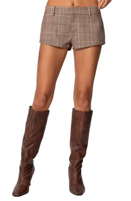 EDIKTED Phoeby Plaid Low Rise Shorts in Brown at Nordstrom, Size Medium | Nordstrom