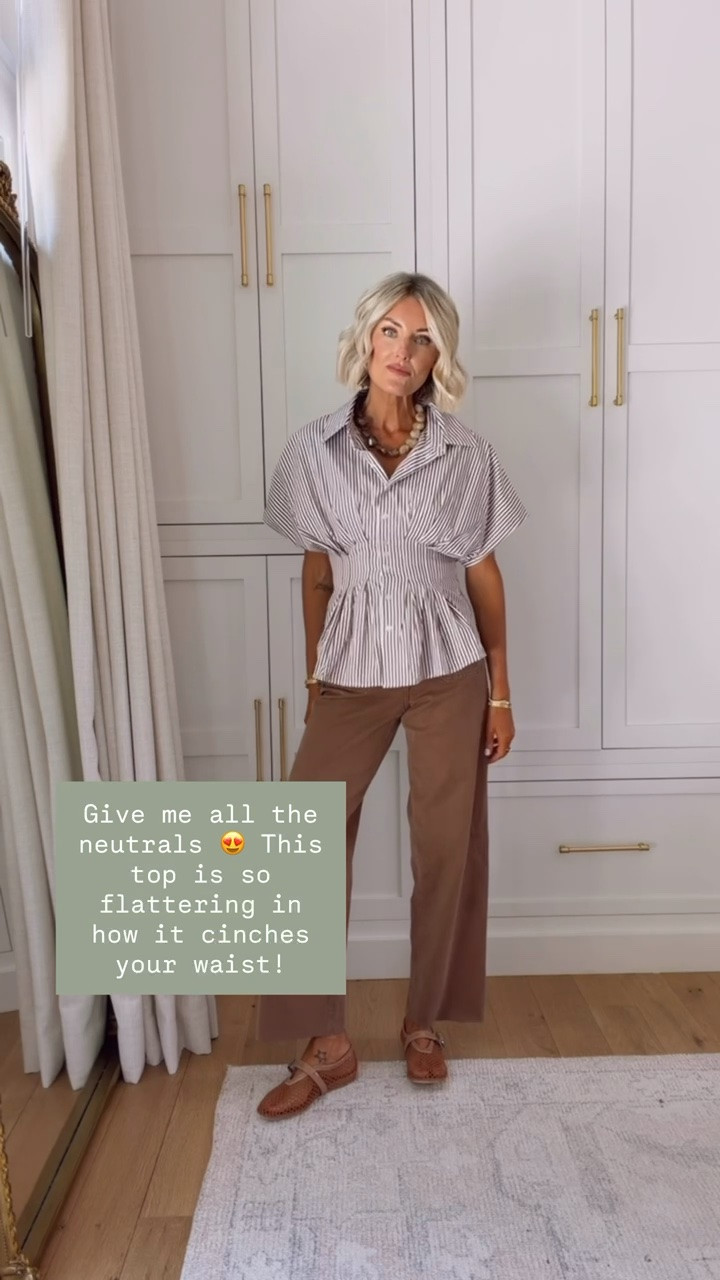 Such an elevated take on your classic striped button down blouse! The cinched waist is so feminine and classy. Wearing S top and 4 jeans. 

Loverly grey, Amazon fashion finds, how to style striped brown button down blouse, ruffle hem top, brown jeans outfit, teacher outfit ideas, workwear outfit. capsule wardrobe

#LTKSeasonal #LTKWorkwear