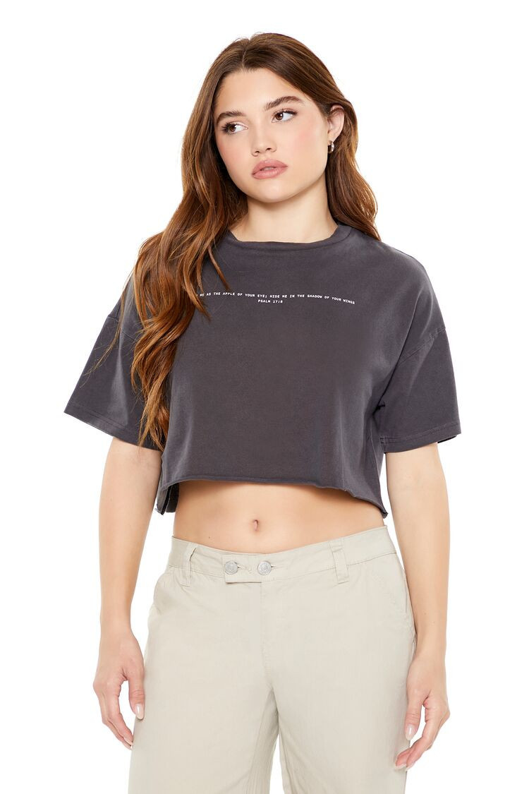 Women's Psalm Cropped Graphic T-Shirt in Charcoal, XL | Forever 21