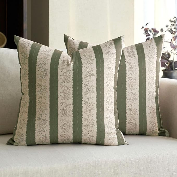 DOMVITUS Floral Pillow Covers 18x18 Inch Set of 2, Vintage Striped Block Print Decorative Throw P... | Amazon (US)