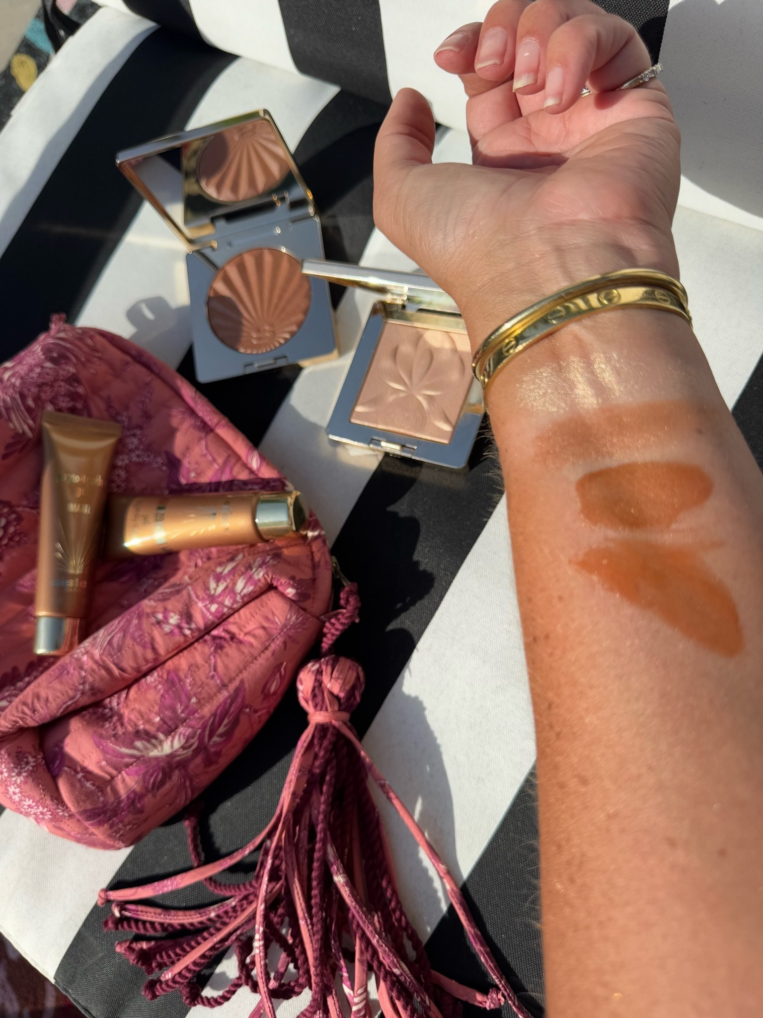 All you need for glowing, bronzed summer skin. 
Swatches from top to bottom:
Highlighter (SO good)
Bronzer (I’ve gone through at least 4 of these…the most gorgeous skin finish) 
Glowing liquid bronzer (I wear this under foundation and it’s so pretty) 
Matte liquid bronzer

#LTKBeauty