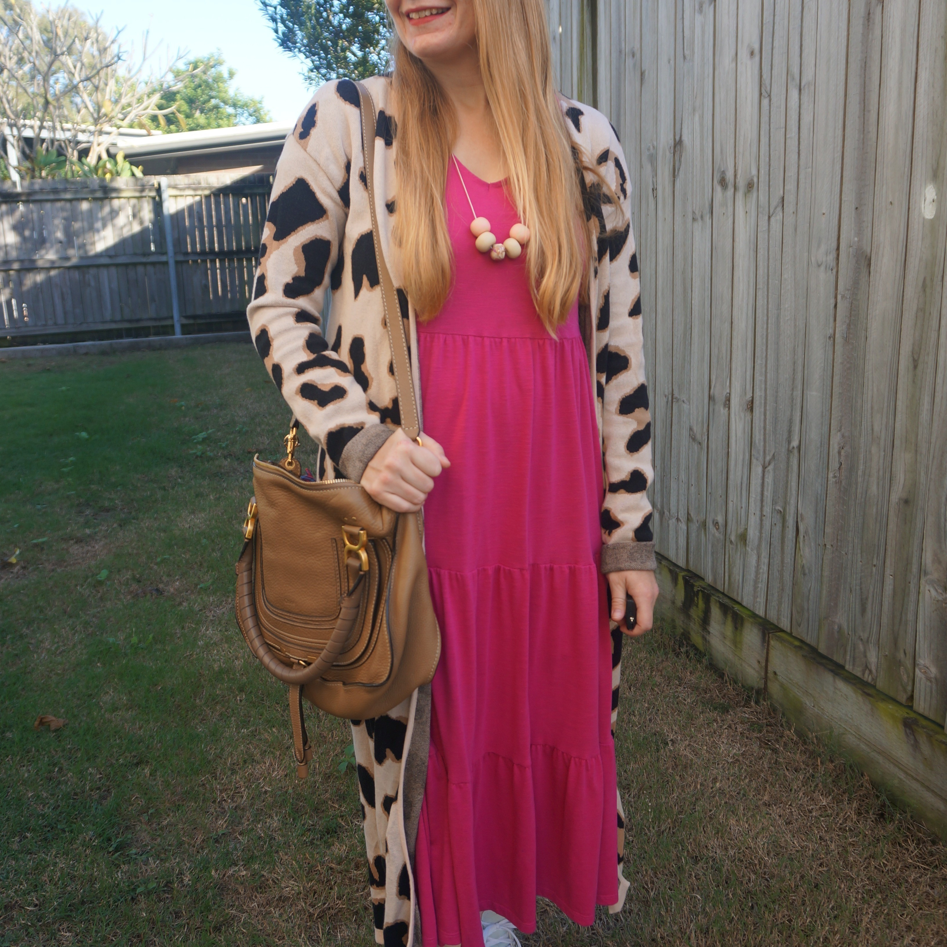 Leopard print maxi cardigan with pink tiered Kmart Anko maxi dress, Converse and Chloe Marcie shoulder bag 💕

#LTKaustralia #LTKworkwear #LTKbag