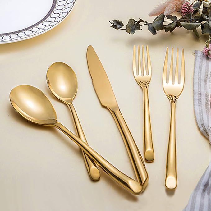 Kelenfer Flatware Cutlery Set Shiny Gold Flatware Set Stainless Steel with Wave Handle 20 Piece G... | Amazon (US)