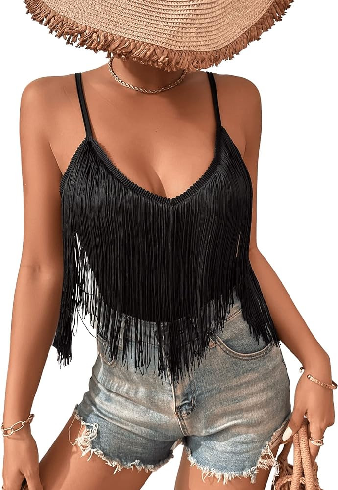 SweatyRocks Women's Fringe Sleeveless Boho Tassel Tank Top Slim Fit Cami Summer Tops | Amazon (US)