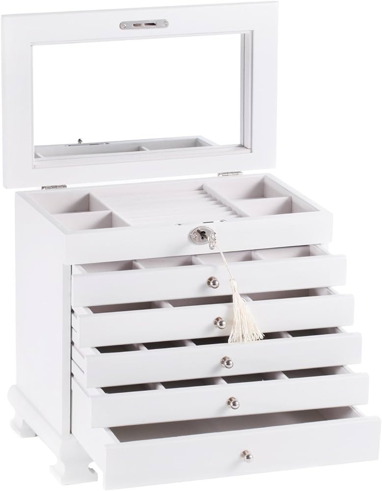 Large Wooden Jewellery Box Armoire Earrling Bracelet Organizer 6 Layers Mirror (WHITE) | Amazon (US)