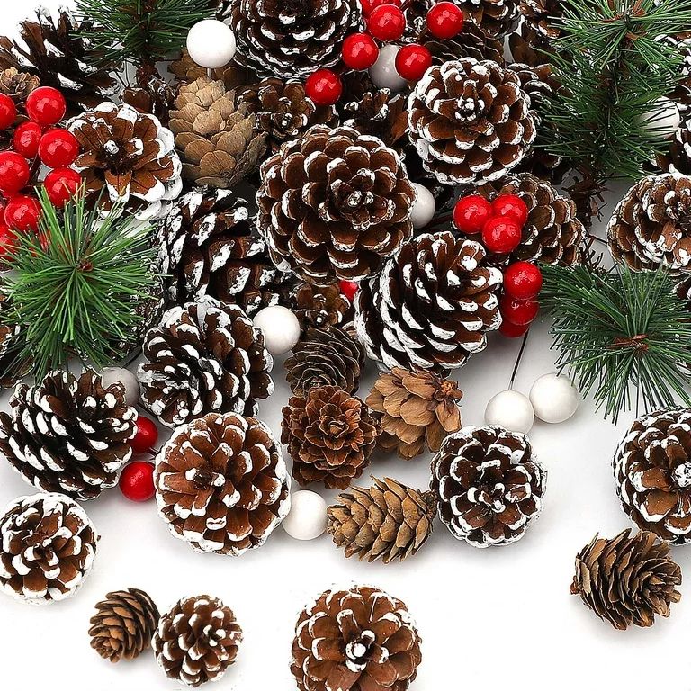Ayieyill 115Pcs Christmas Pine Cones Berry Pine Branch Set Snow Pinecones Pendant White Winter Ho... | Walmart (US)
