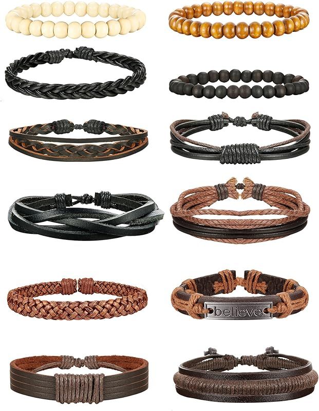 Jstyle 12Pcs Braided Bracelet for Men Beaded Bracelets Wrap Leather Wooden Bracelets Adjustable | Amazon (US)