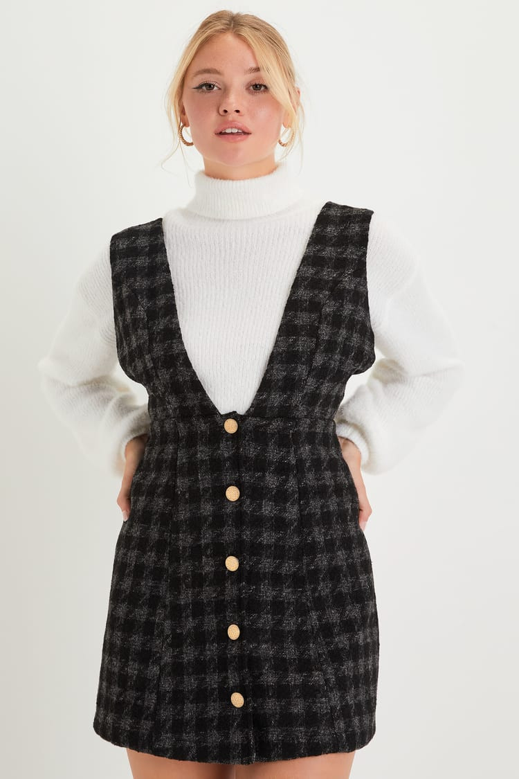 Proper Cutie Black Plaid Tweed Button-Front Pinafore Dress | Lulus (US)