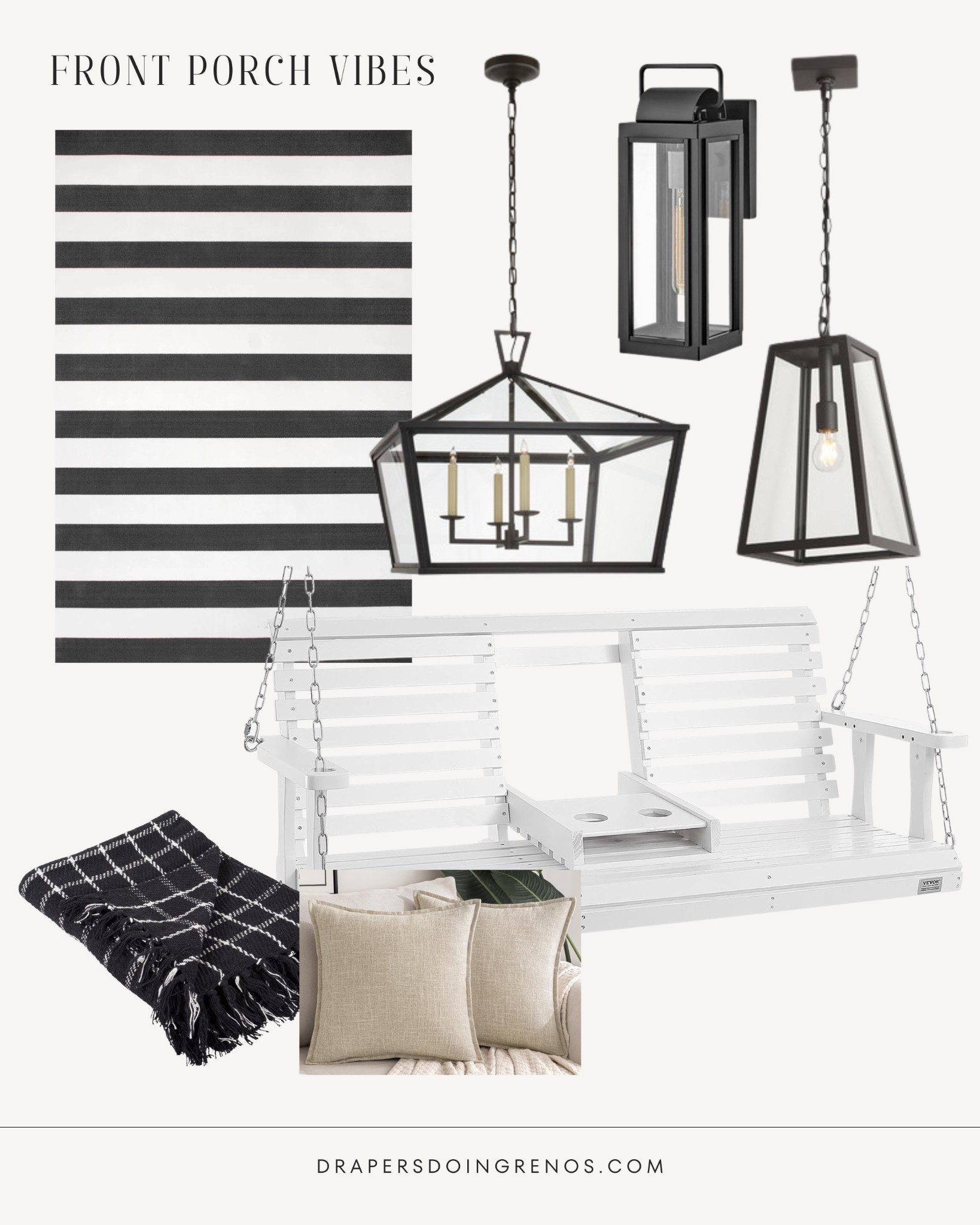 Front Porch Vibes 🤍🖤

We might still be mid-reno inside, but I needed our porch to feel like summer. A classic white swing, timeless black accents, and cozy layers make this space feel pulled together—even if there’s no kitchen inside yet 😅

Everything’s linked here:
✔️ Outdoor lighting that’s actually timeless
✔️ A porch swing with a built-in drink tray (!!)
✔️ Striped rug for that modern cottage feel
✔️ Textured pillows + a cozy throw to soften it all

We’re sharing the full renovation journey over on YouTube—find us at Drapers Doing Renos if you love seeing spaces come to life one project at a time 💛

#FrontPorchStyle #PorchSwingGoals #LTKhome #LTKrefresh #DrapersDoingRenos

#LTKStyleTip #LTKHome