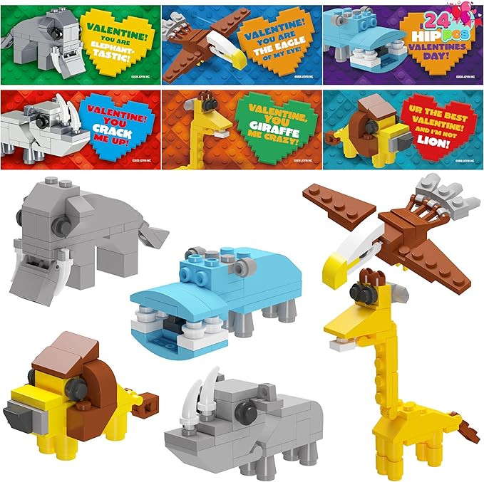 JOYIN 24 Packs Valentines Day Cards with Safari Animal Building Blocks for Gifts Party Favor, Cla... | Amazon (US)