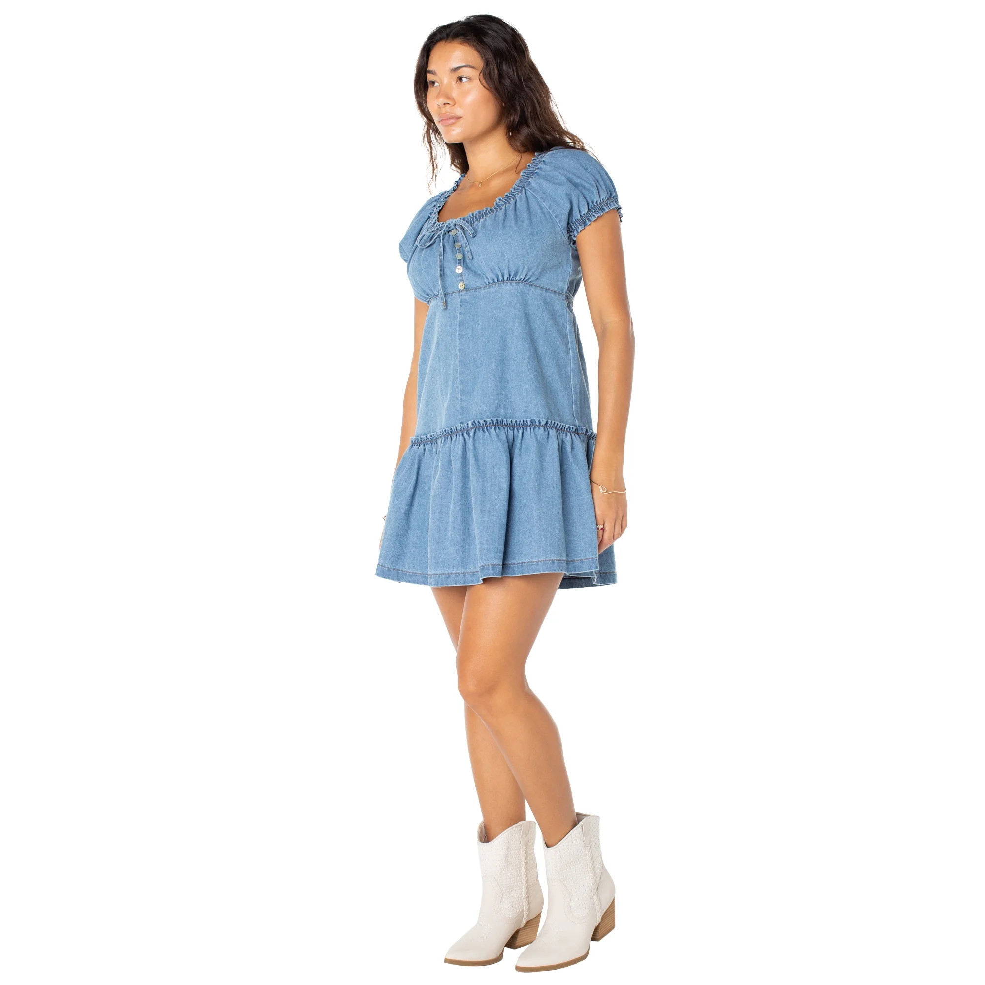 Celebrity Pink Women’s and Women's Plus Denim Mini Dress with Puff Sleeves, Sizes XS-XXXL | Walmart (US)