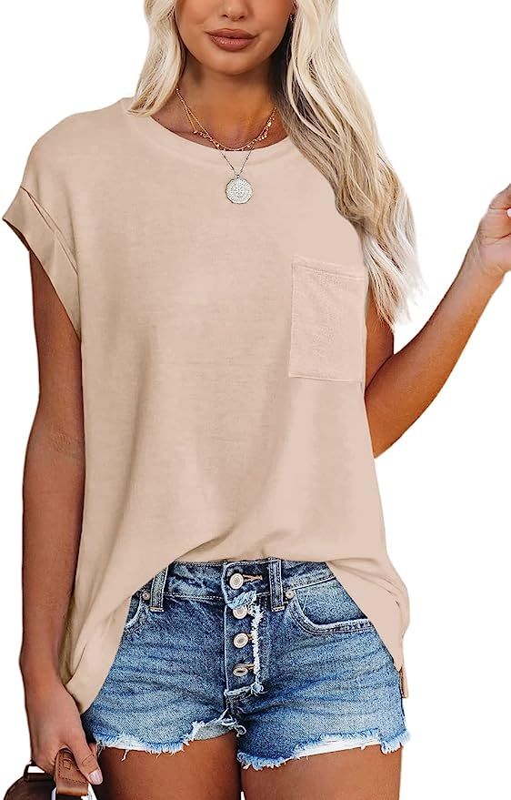 Women's Summer Casual Tops Cap Sleeve Oversized T Shirts Loose Fit Blouses | Amazon (US)