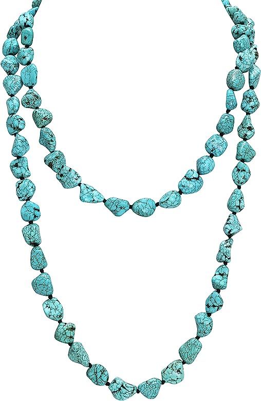 POTESSA Turquoise Beads Endless Necklace Long Knotted Stone Multi-Strand Layer Necklaces Handmade Je | Amazon (US)
