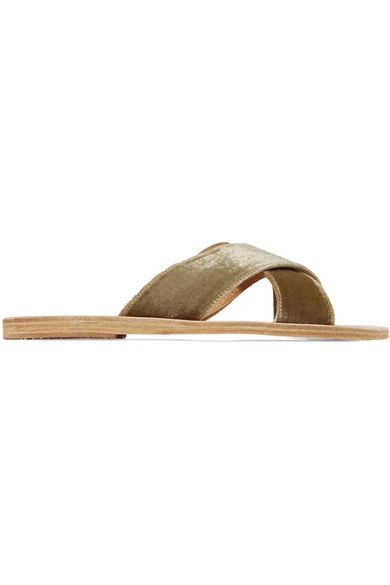 Ancient Greek Sandals - Thais Velvet And Leather Slides - Army green | NET-A-PORTER (US)